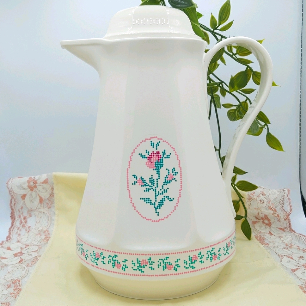 Clearout Item Vintage Thermos Carafe Rose Needlepoint Print - Picture 1 of 13